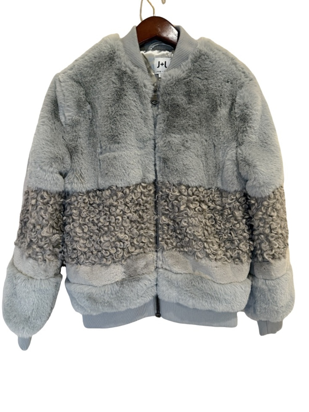 John + Jenn Amy Mixed Texture Faux Fur Bomber Jacket Gray Mob Wife Size S